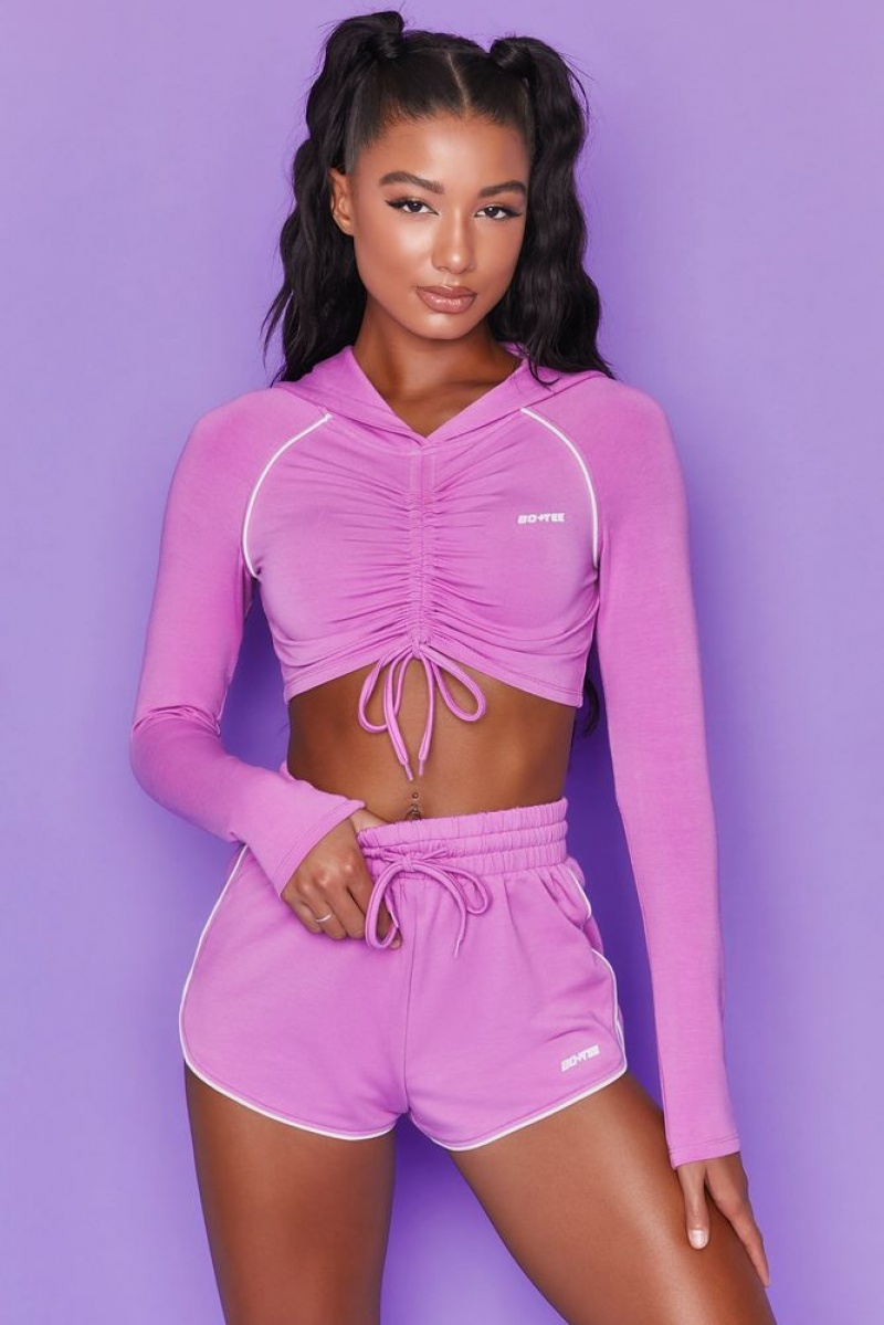 Purple Oh Polly New Goals Cropped Ruched Hoodie | QFOJ-14962