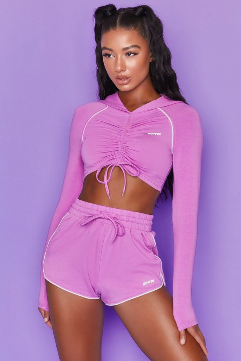 Purple Oh Polly New Goals Cropped Ruched Hoodie | QFOJ-14962