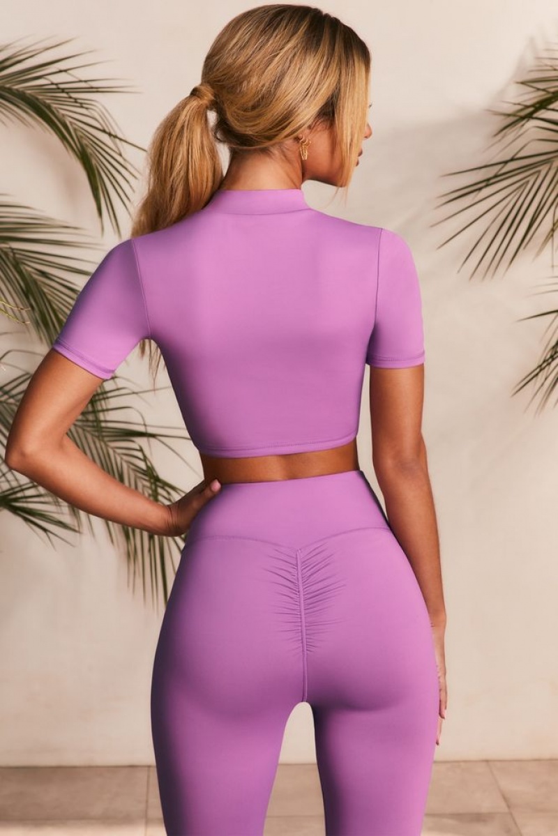 Purple Oh Polly Power Up Slinky Cut Out High Neck Crop Top | NYEP-05143