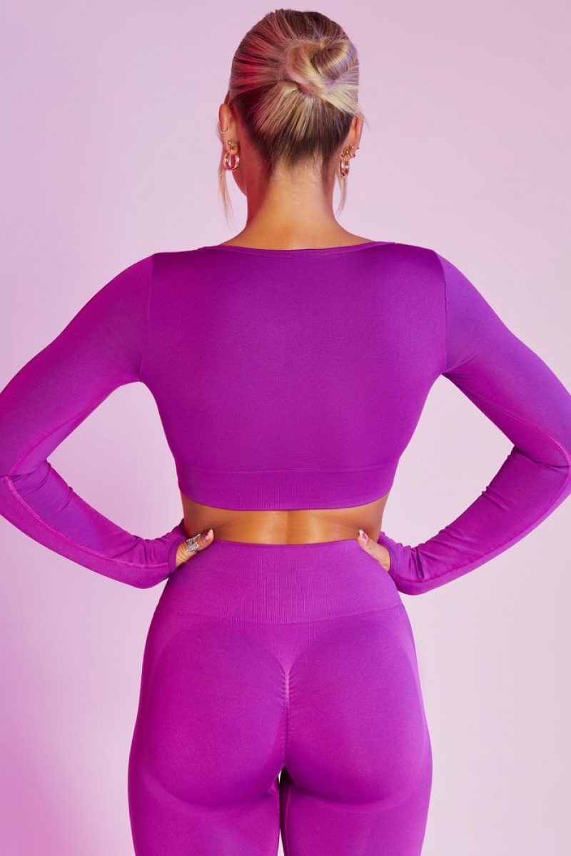 Purple Oh Polly Reignited Seamless Long Sleeve Scoop Neck Crop Top | PGSE-37592