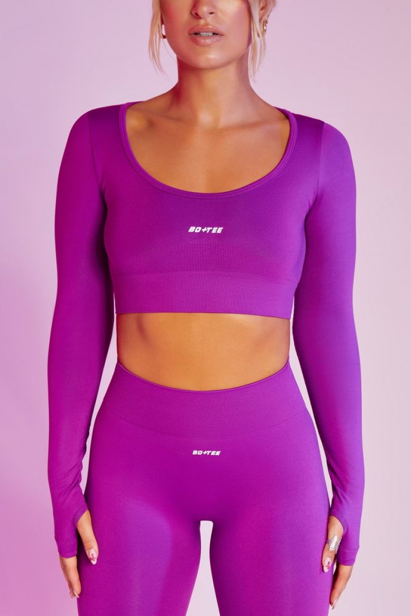 Purple Oh Polly Reignited Seamless Long Sleeve Scoop Neck Crop Top | PGSE-37592