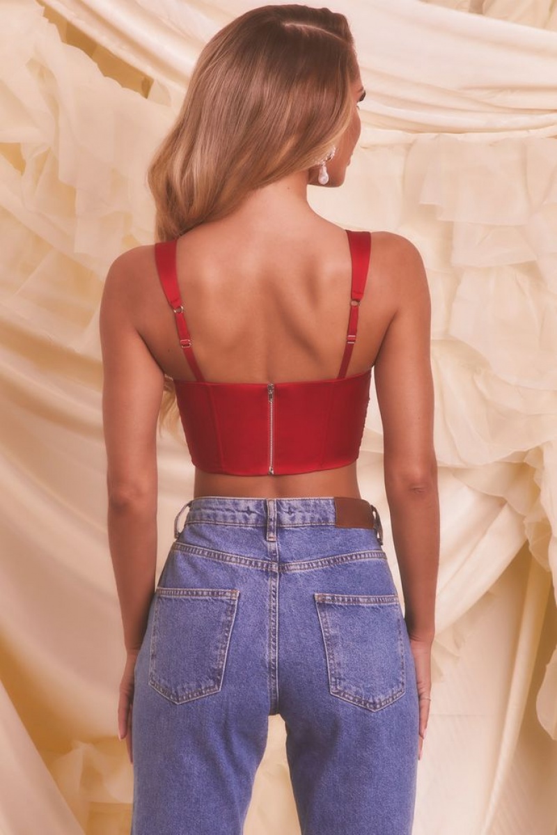 Red Oh Polly Chase Hearts Satin Mesh Bustier Crop Top | XWFR-10274