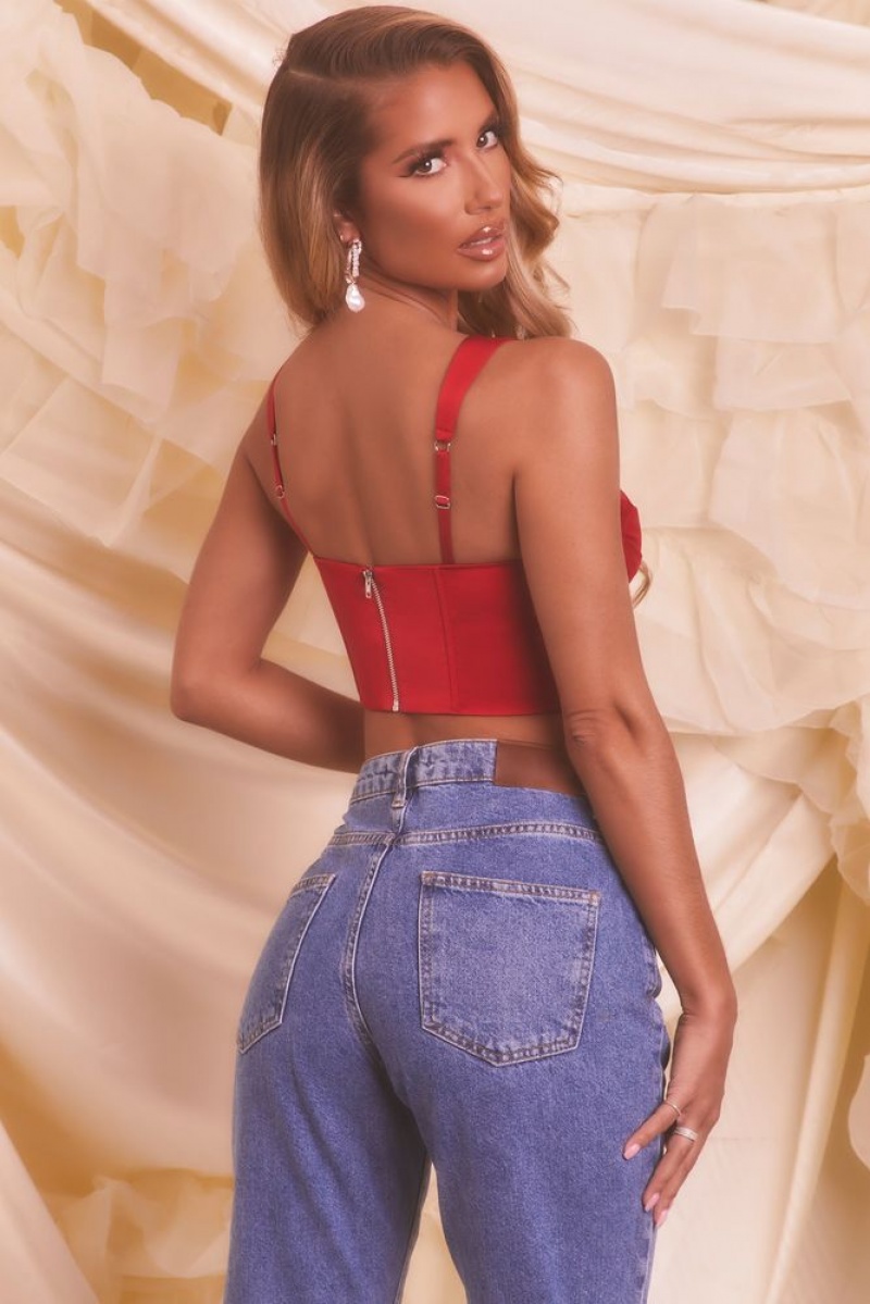 Red Oh Polly Chase Hearts Satin Mesh Bustier Crop Top | XWFR-10274