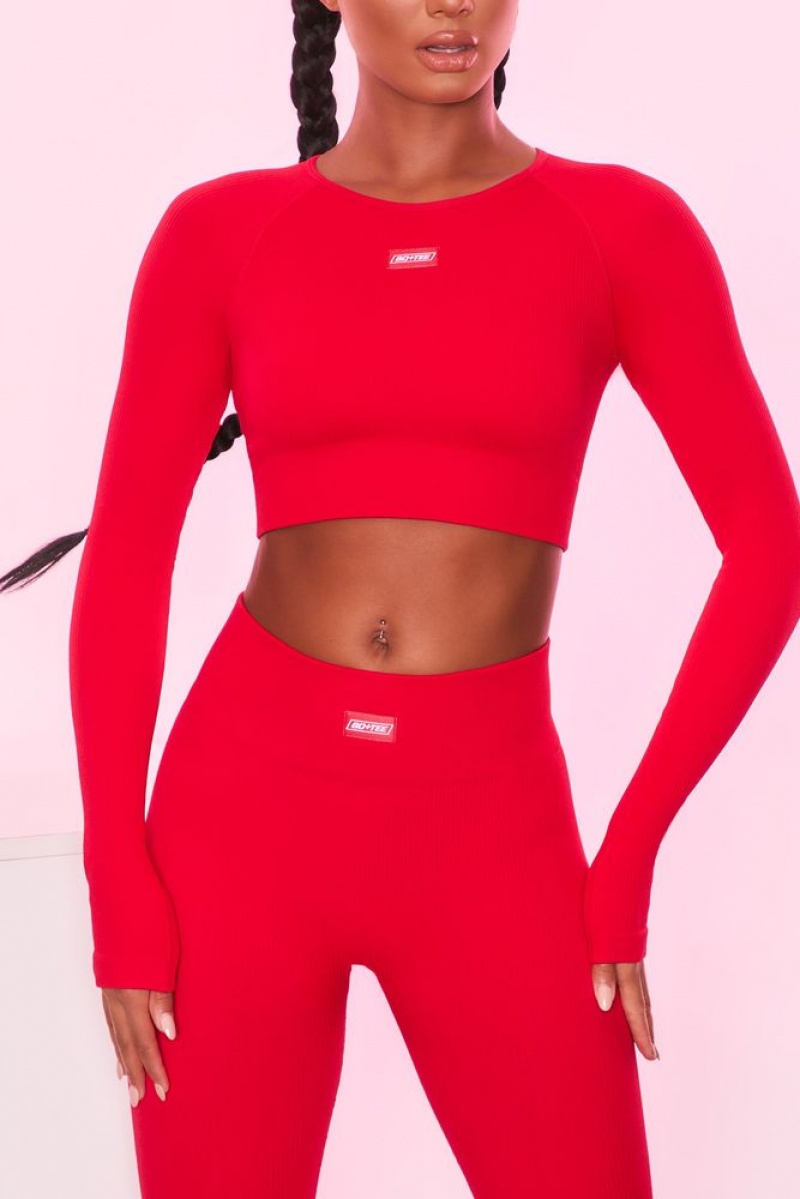 Red Oh Polly Express Yourself Ribbed Long Sleeve Crop Top | MLYE-49851