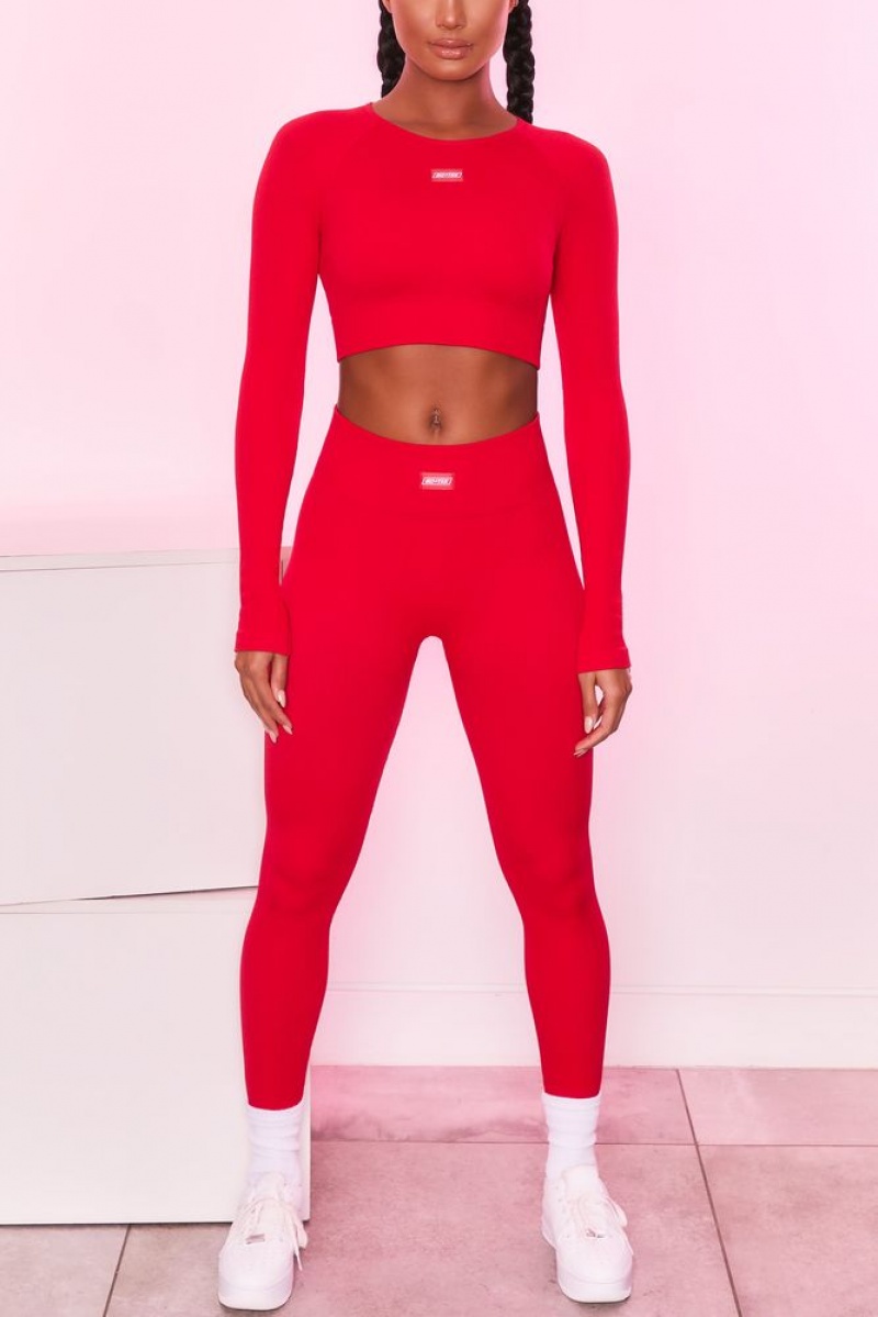 Red Oh Polly Express Yourself Ribbed Long Sleeve Crop Top | MLYE-49851