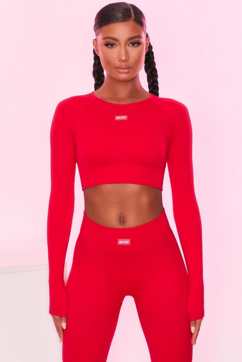 Red Oh Polly Express Yourself Ribbed Long Sleeve Crop Top | MLYE-49851