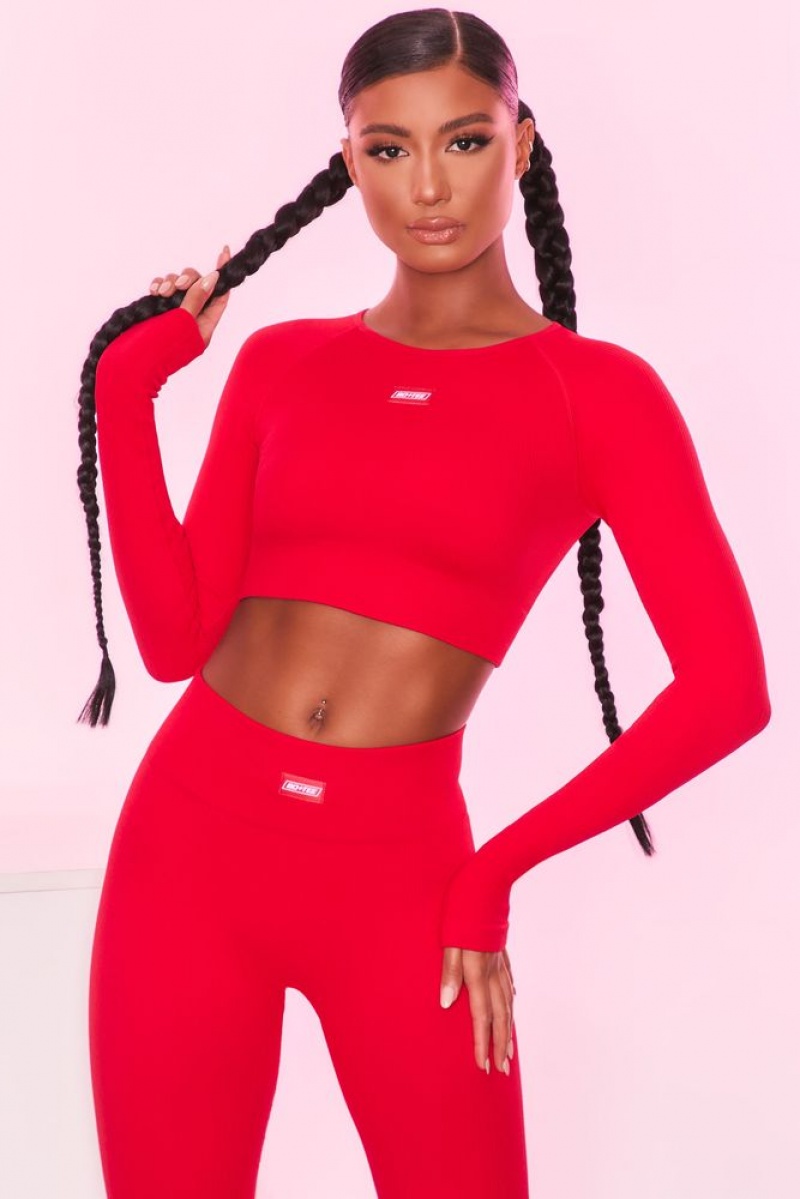 Red Oh Polly Express Yourself Ribbed Long Sleeve Crop Top | MLYE-49851