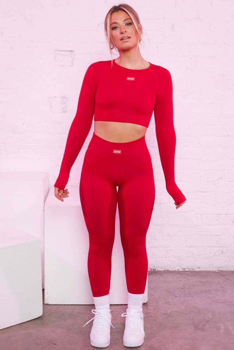 Red Oh Polly Express Yourself Ribbed Long Sleeve Crop Top | MLYE-49851