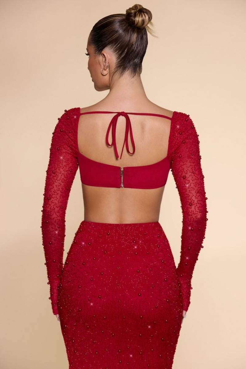 Red Oh Polly La Desirade Embellished Cowl Neck Crop Top | MSVG-28975