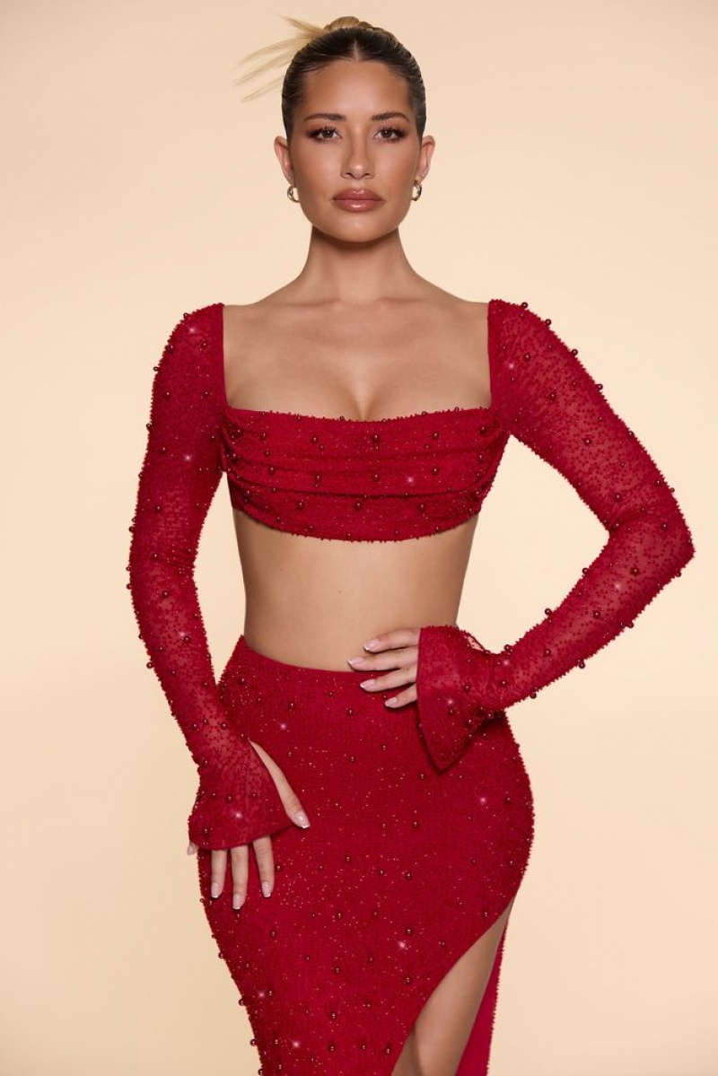 Red Oh Polly La Desirade Embellished Cowl Neck Crop Top | MSVG-28975