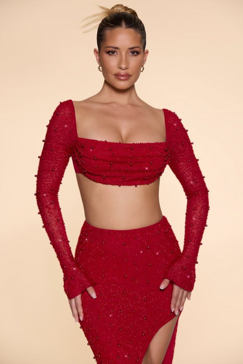 Red Oh Polly La Desirade Embellished Cowl Neck Crop Top | MSVG-28975