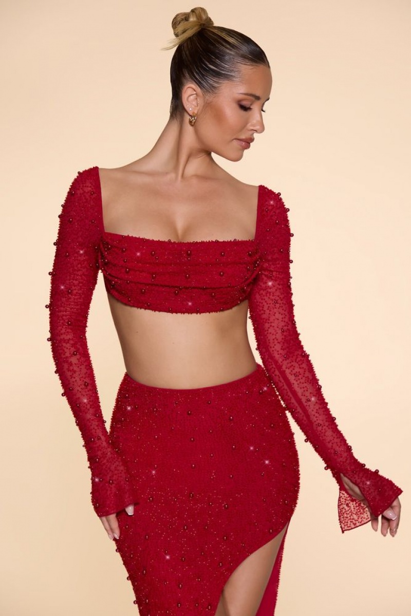 Red Oh Polly La Desirade Embellished Cowl Neck Crop Top | MSVG-28975