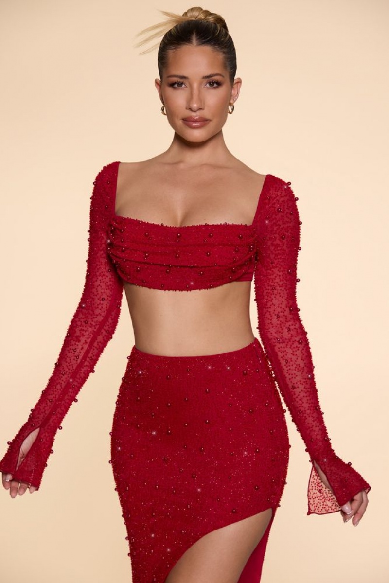 Red Oh Polly La Desirade Embellished Cowl Neck Crop Top | MSVG-28975