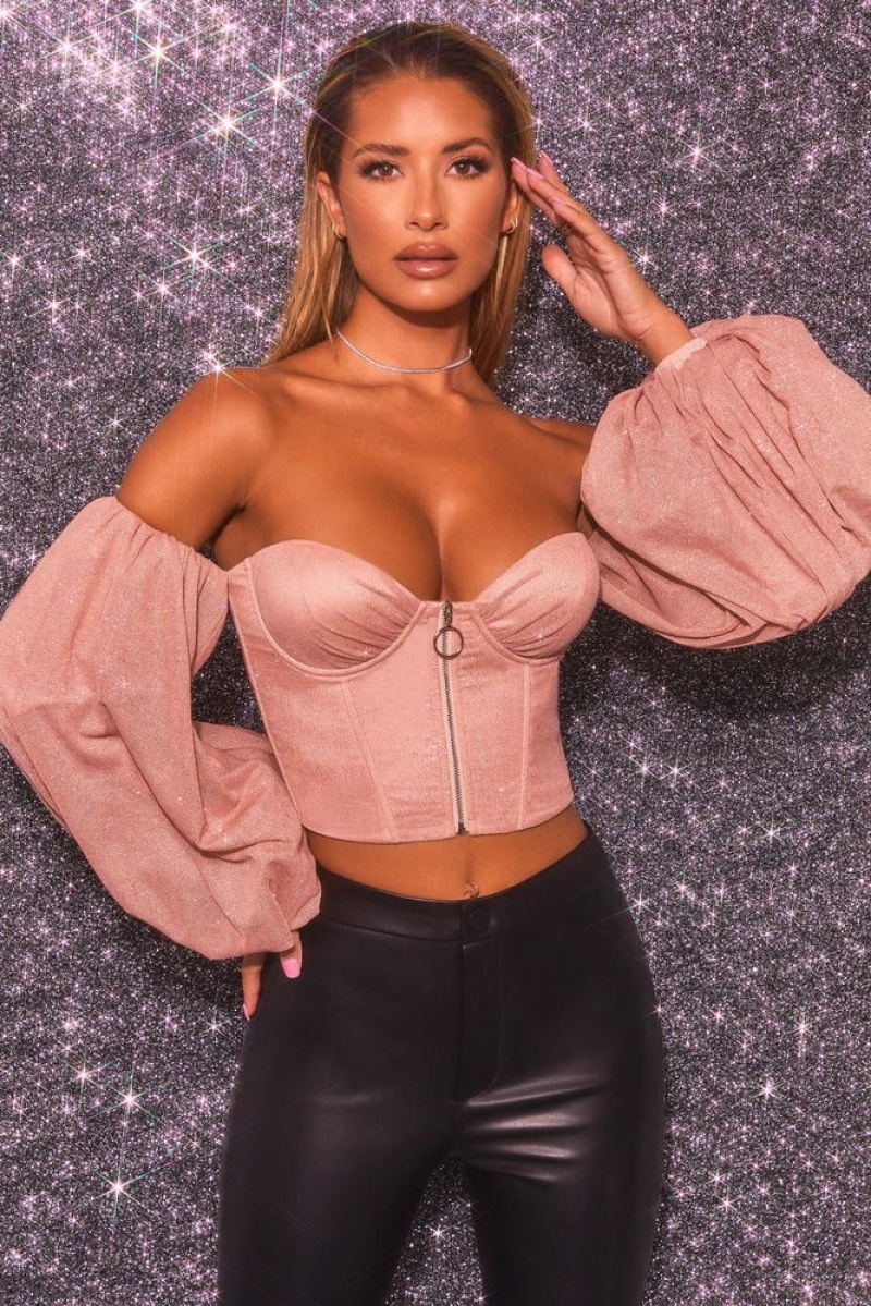 Rose Gold Oh Polly Keep On Shining Bardot Puff Sleeve Crop Top | TBOS-74163