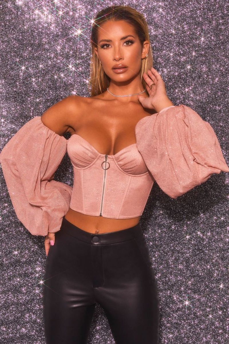 Rose Gold Oh Polly Keep On Shining Bardot Puff Sleeve Crop Top | TBOS-74163