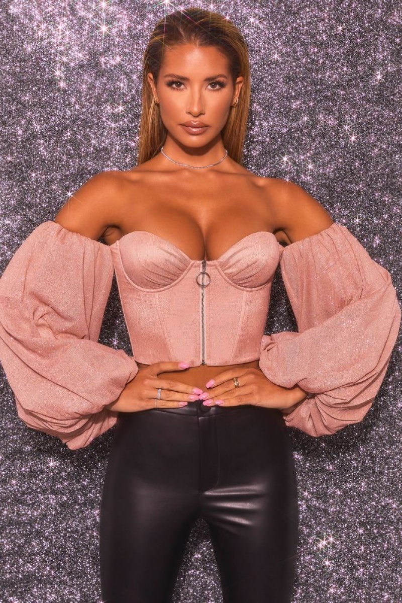 Rose Gold Oh Polly Keep On Shining Bardot Puff Sleeve Crop Top | TBOS-74163