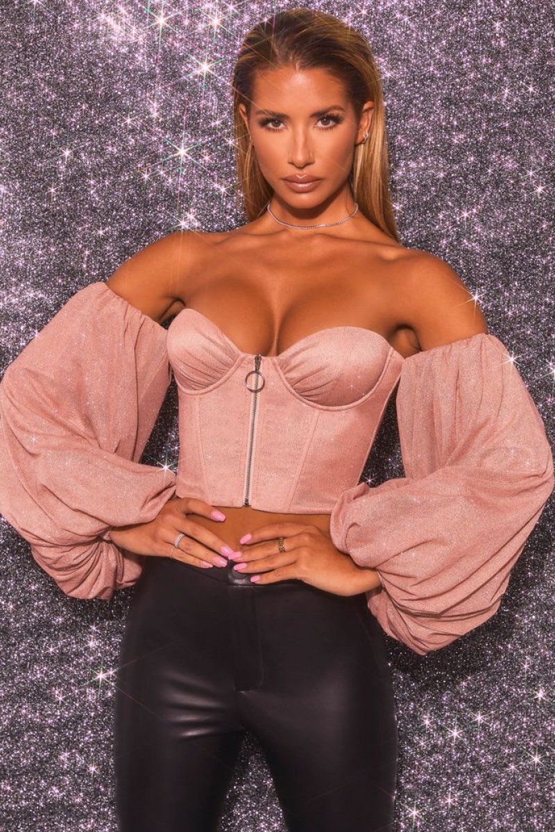 Rose Gold Oh Polly Keep On Shining Bardot Puff Sleeve Crop Top | TBOS-74163