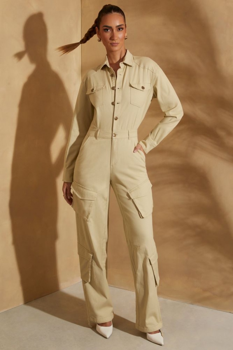 Sage Oh Polly Blake Petite Wide Leg Long Sleeve Cargo Jumpsuit | TNGS-39648