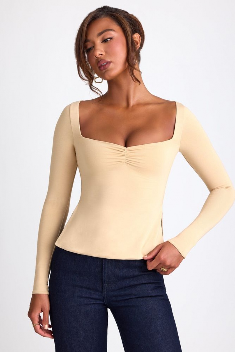 Sand Oh Polly Fiora Modal Sweetheart Neckline Long Sleeve Top | AGVC-20796