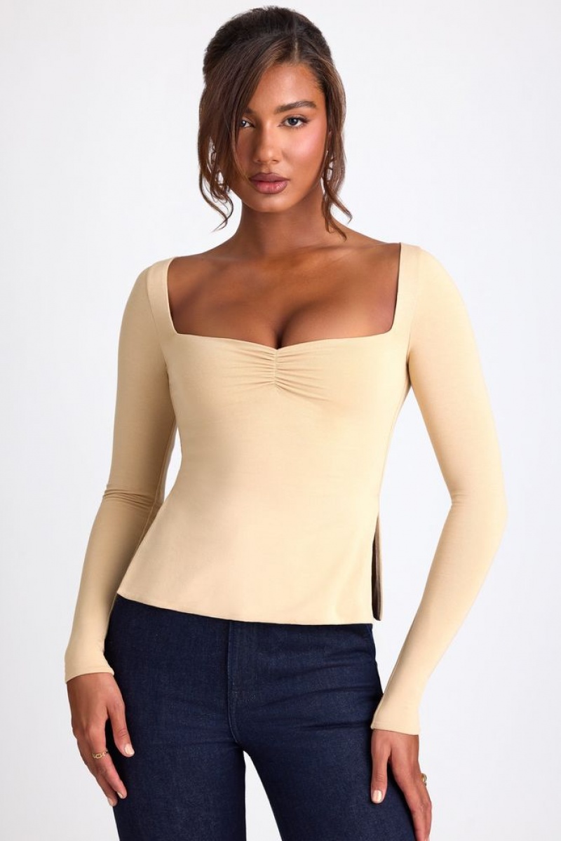 Sand Oh Polly Fiora Modal Sweetheart Neckline Long Sleeve Top | AGVC-20796