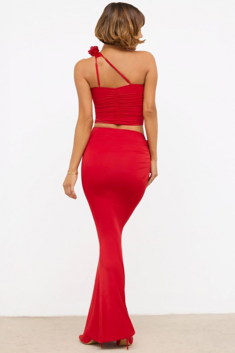 Scarlet Red Oh Polly Aisling Slinky Jersey Rose Detail Mid-Rise Maxi Skirt | IFWX-56289