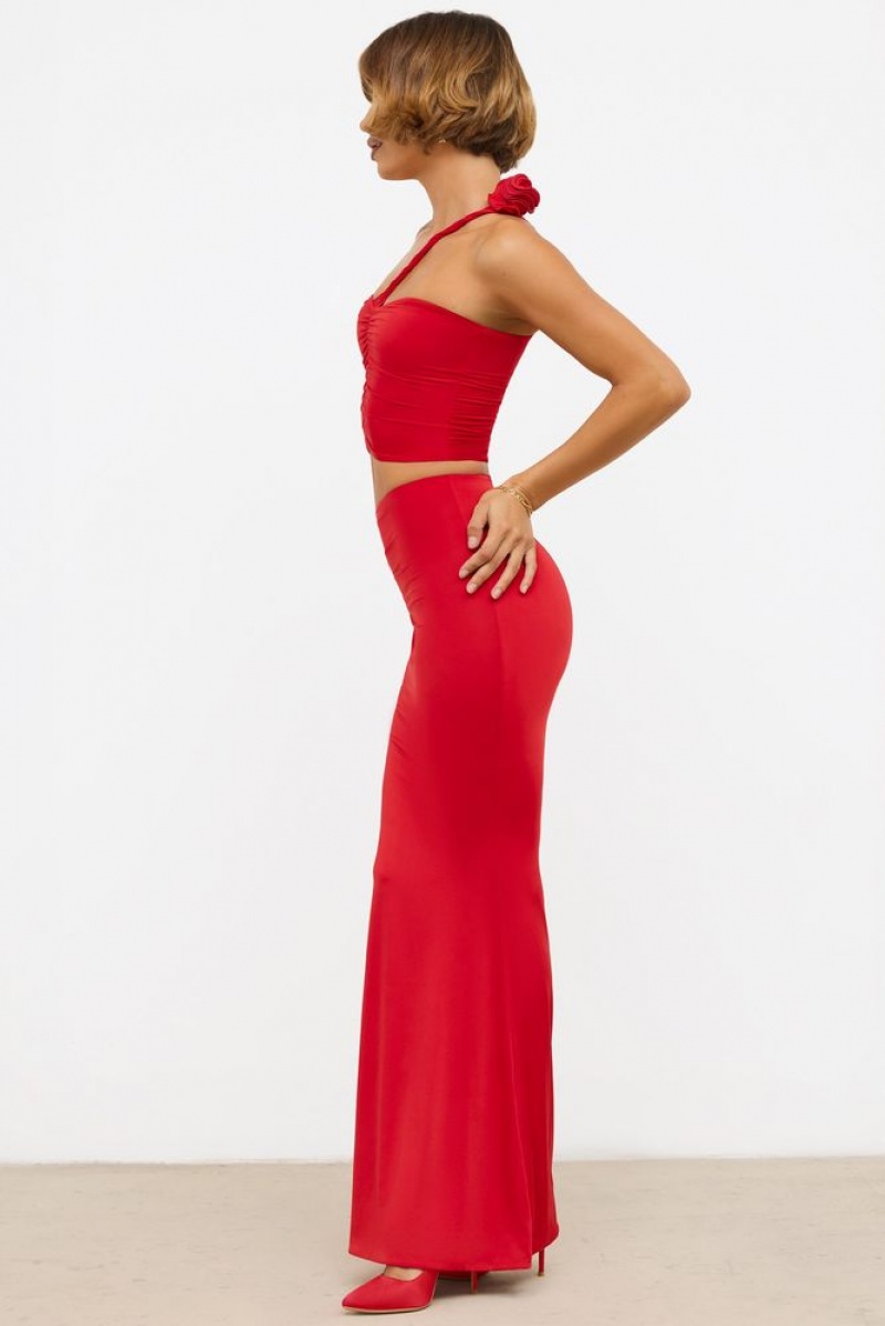 Scarlet Red Oh Polly Aisling Slinky Jersey Rose Detail Mid-Rise Maxi Skirt | IFWX-56289