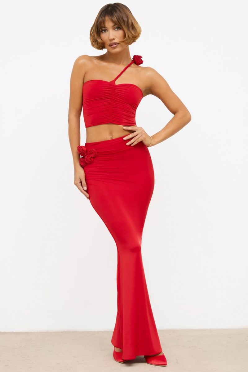 Scarlet Red Oh Polly Aisling Slinky Jersey Rose Detail Mid-Rise Maxi Skirt | IFWX-56289