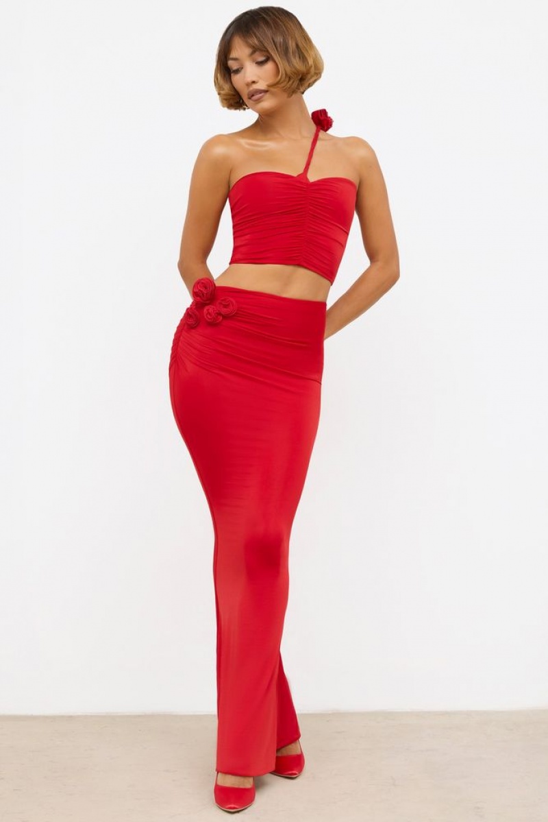 Scarlet Red Oh Polly Aisling Slinky Jersey Rose Detail Mid-Rise Maxi Skirt | IFWX-56289