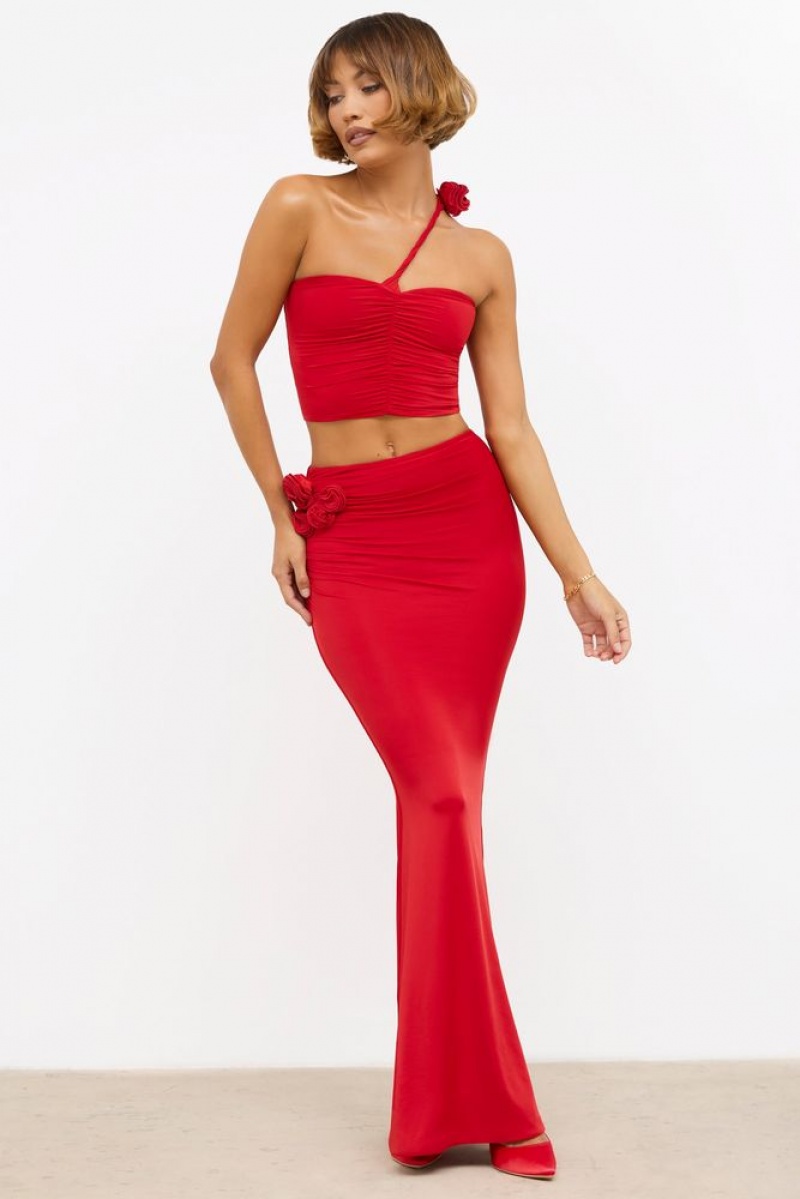 Scarlet Red Oh Polly Aisling Slinky Jersey Rose Detail Mid-Rise Maxi Skirt | IFWX-56289