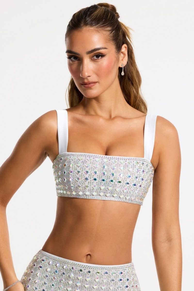 Silver Oh Polly Asani Embellished Square Neck Crop Top | OPHU-62831