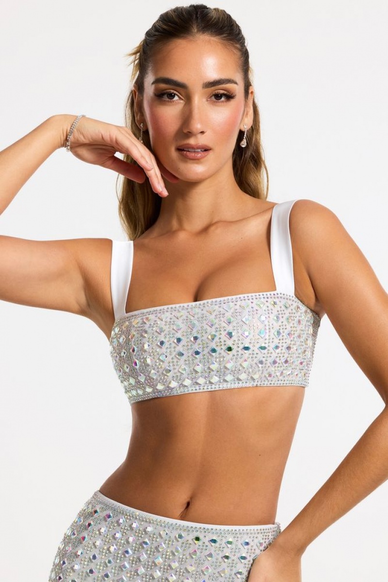 Silver Oh Polly Asani Embellished Square Neck Crop Top | OPHU-62831