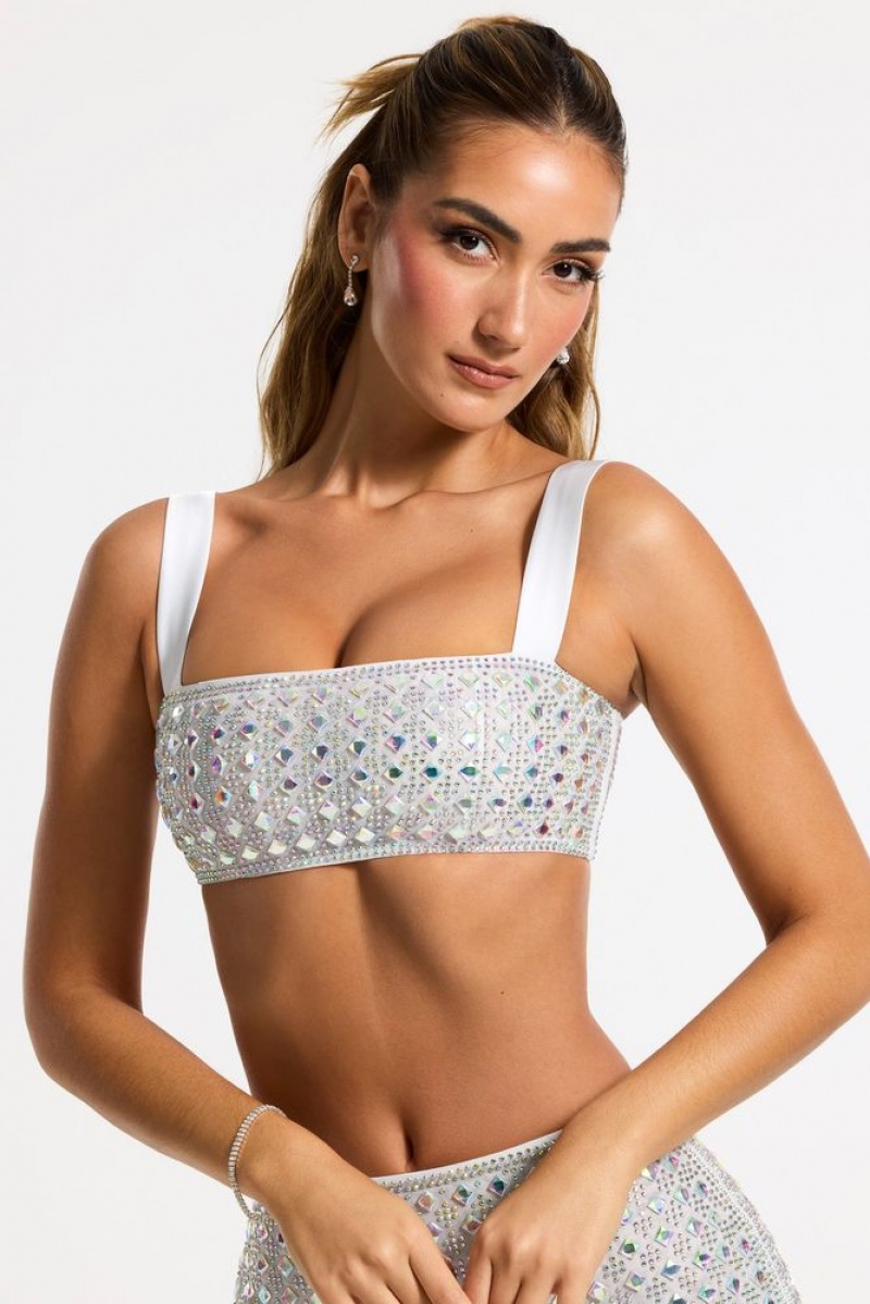 Silver Oh Polly Asani Embellished Square Neck Crop Top | OPHU-62831