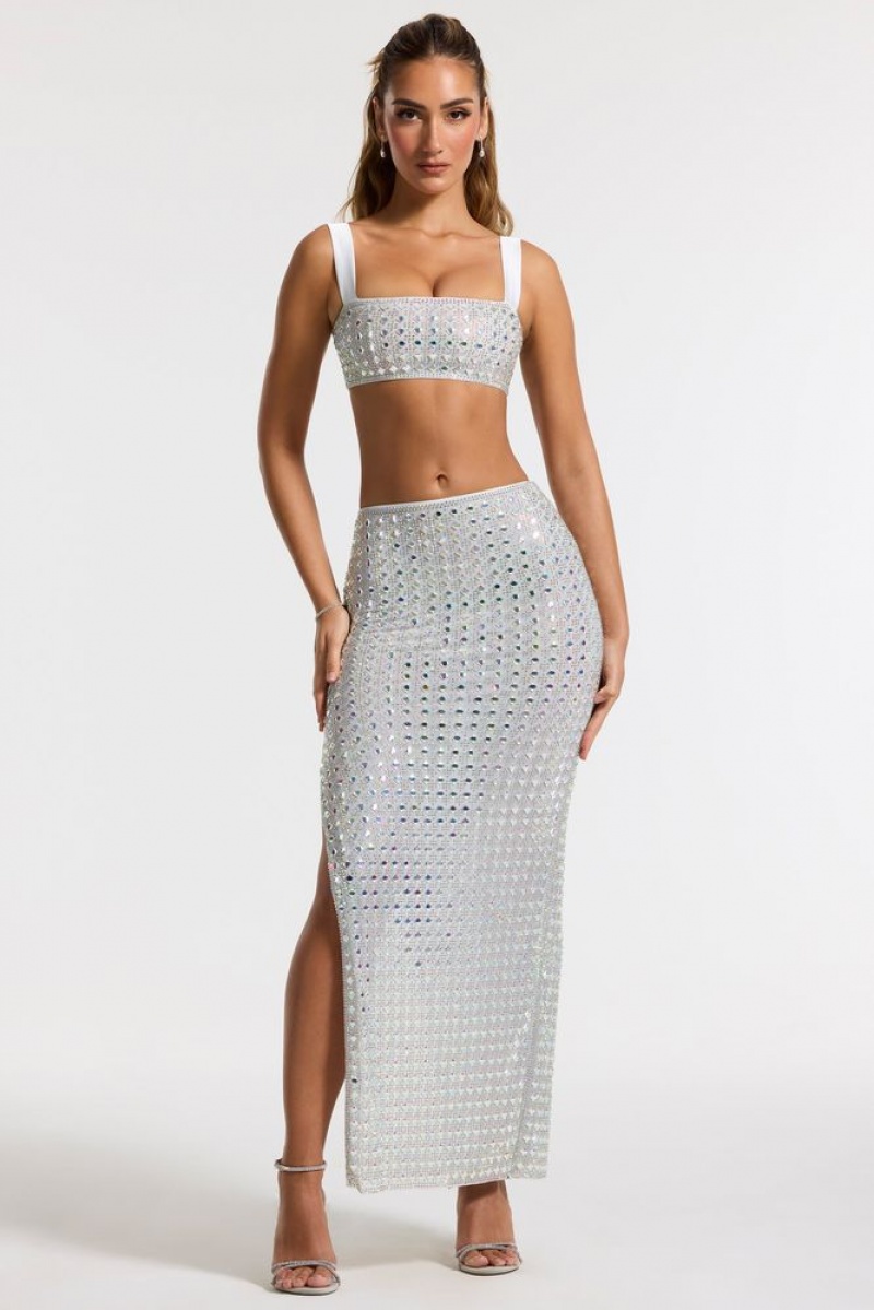 Silver Oh Polly Asani Embellished Square Neck Crop Top | OPHU-62831