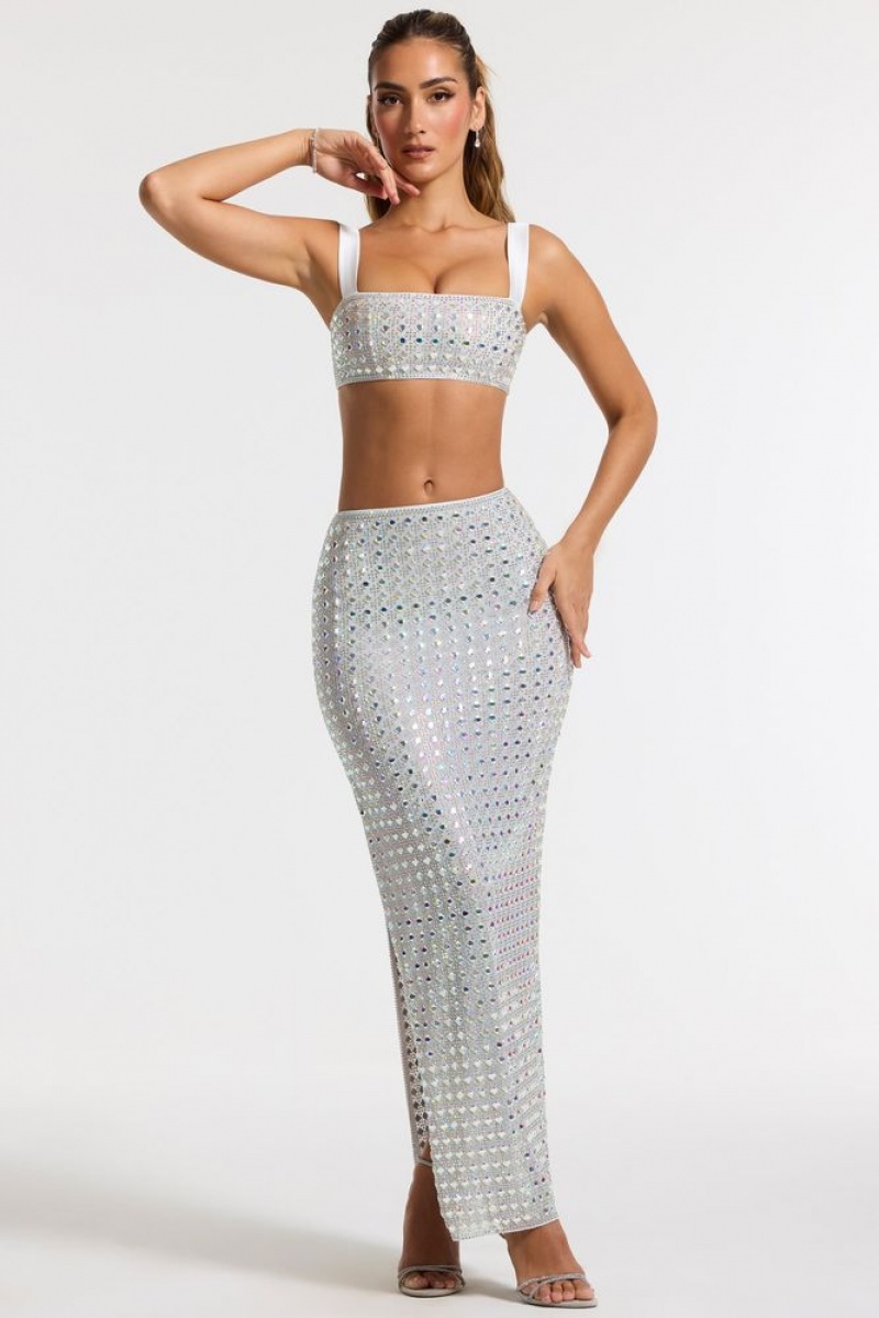 Silver Oh Polly Asani Embellished Square Neck Crop Top | OPHU-62831