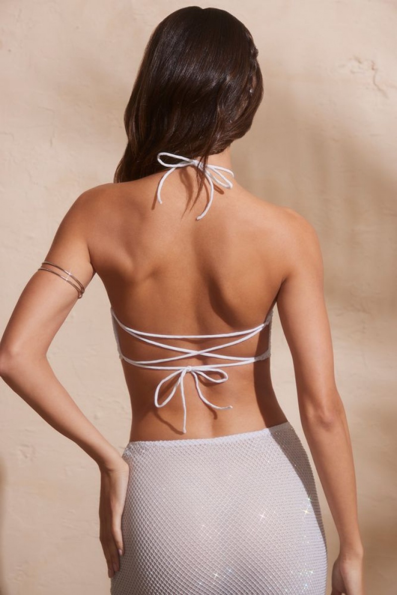 Silver Oh Polly Kiva Embellished Open Back Crop Top | GILU-41379