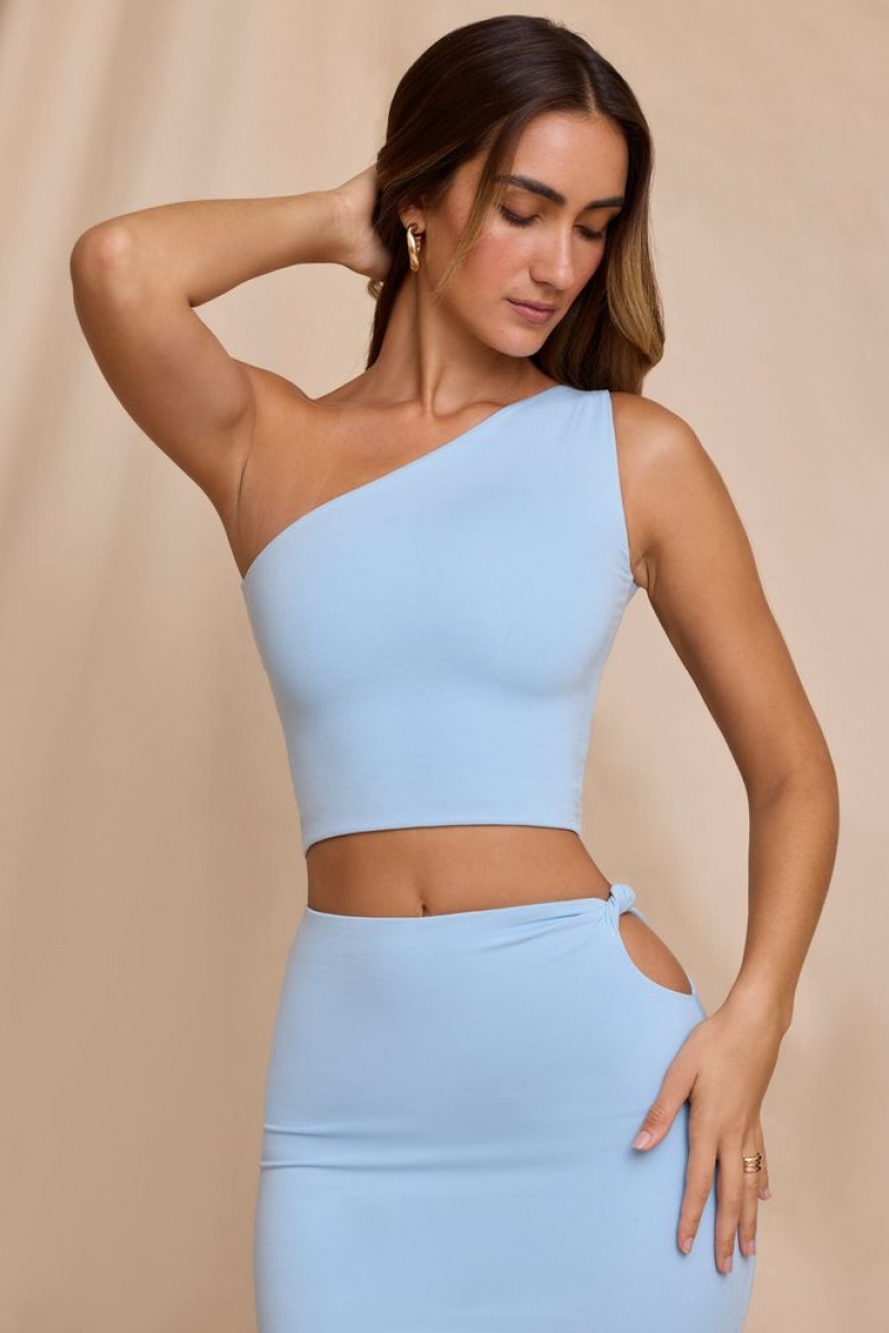 Sky Blue Oh Polly Ariel One Shoulder Cut-Out Back Crop Top | WGRO-03876