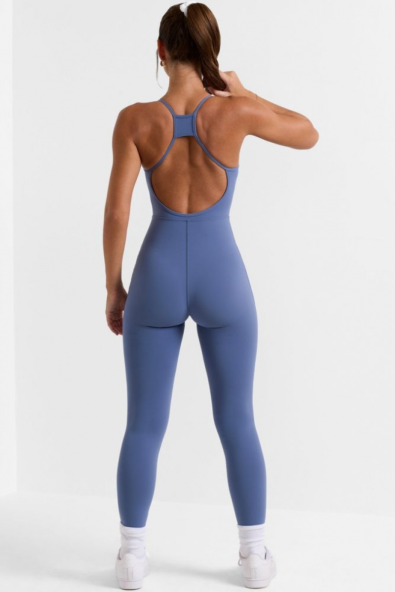 Slate Blue Oh Polly Ace Petite Open Back Full Length Unitard | YOWT-86147