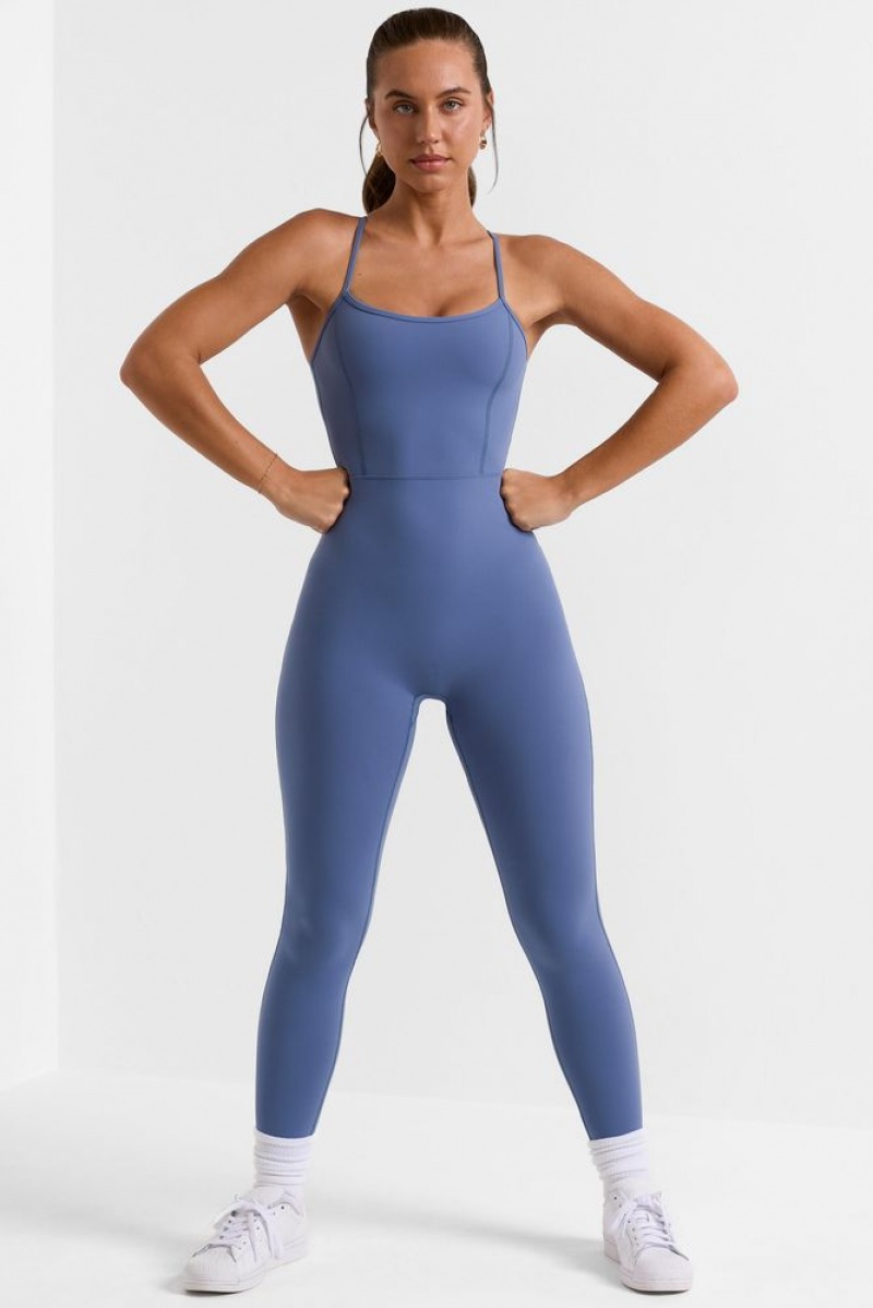 Slate Blue Oh Polly Ace Petite Open Back Full Length Unitard | YOWT-86147