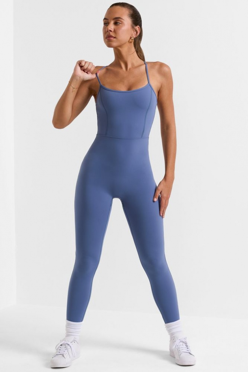 Slate Blue Oh Polly Ace Petite Open Back Full Length Unitard | YOWT-86147