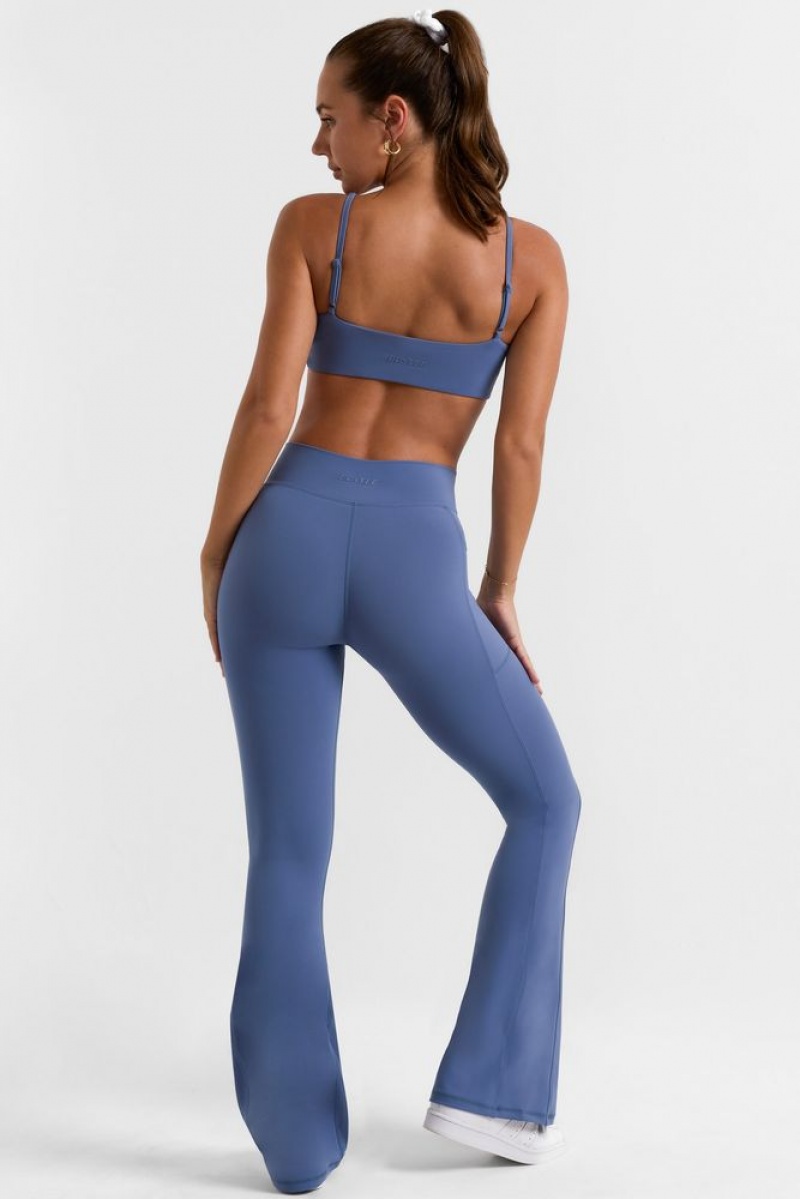 Slate Blue Oh Polly Match Petite Cross Waistband Flare Pocket Leggings | YMNO-94258