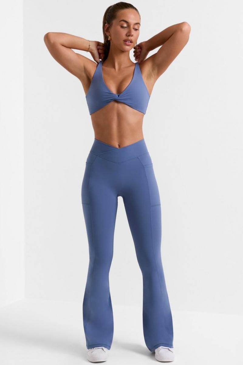 Slate Blue Oh Polly Match Petite Cross Waistband Flare Pocket Leggings | YMNO-94258