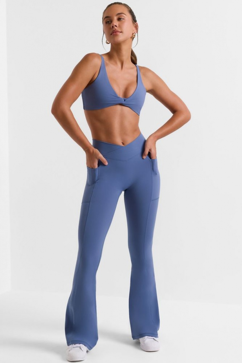 Slate Blue Oh Polly Match Petite Cross Waistband Flare Pocket Leggings | YMNO-94258