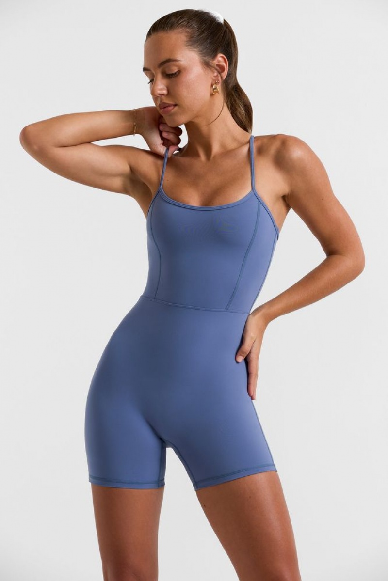 Slate Blue Oh Polly Serve Scoop Neckline Open Back Unitard | PERA-15427