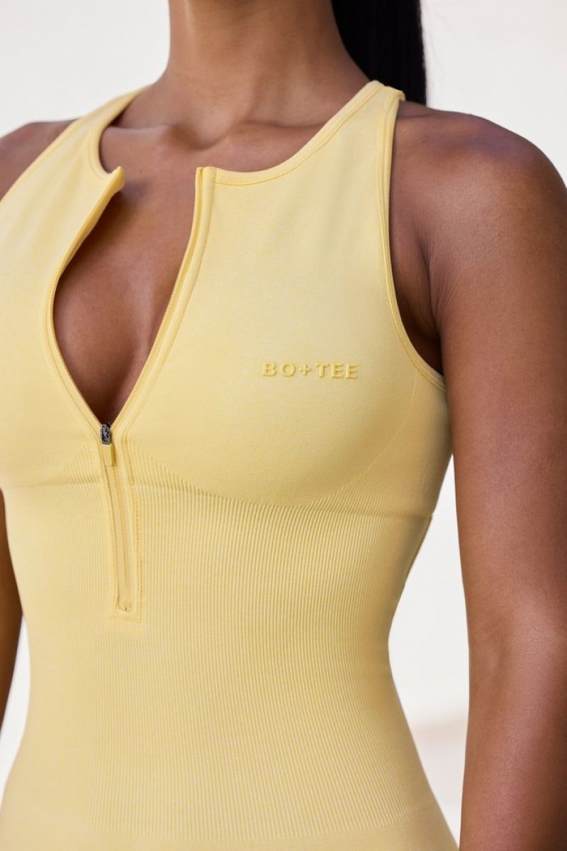 Soft Yellow Oh Polly Velocity Petite Super Sculpt Seamless Zip Up Full Length Unitard | FZRD-23049