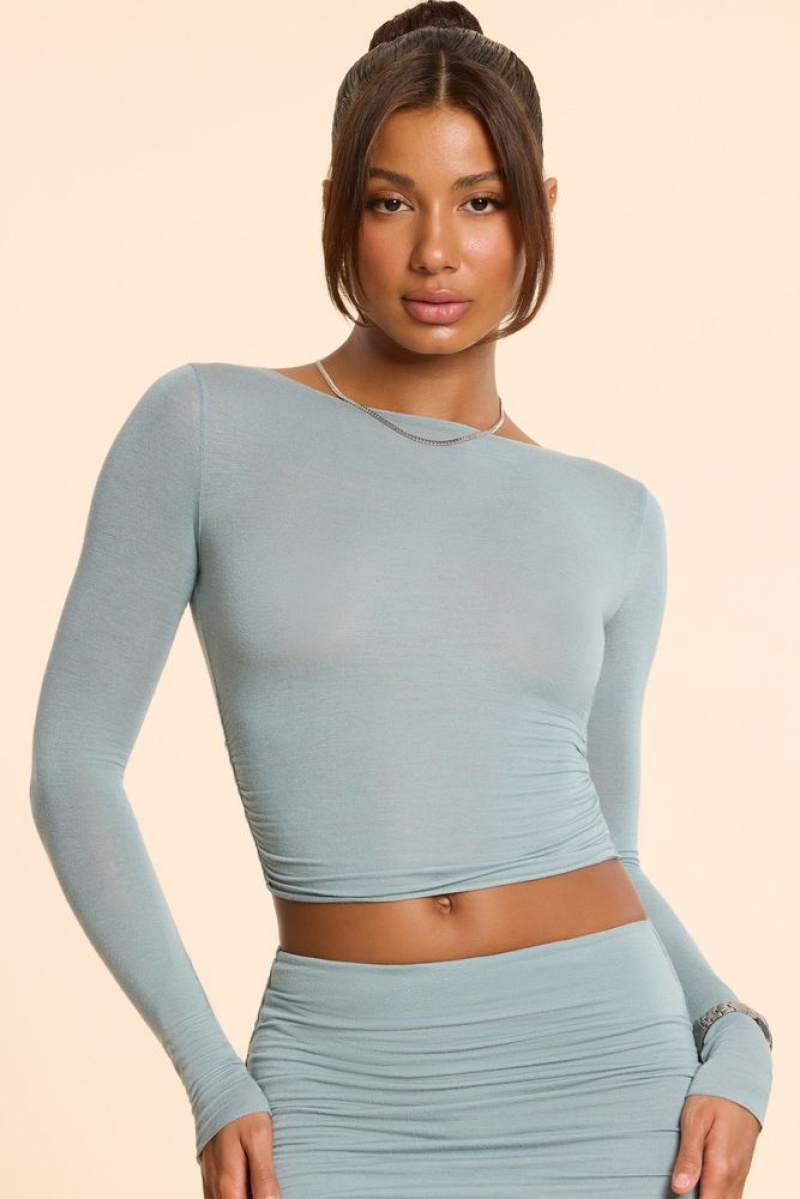 Stone Blue Oh Polly Billie Long Sleeve Straight Neck Ruched Modal Cashmere Blend Top | ZXCO-61405