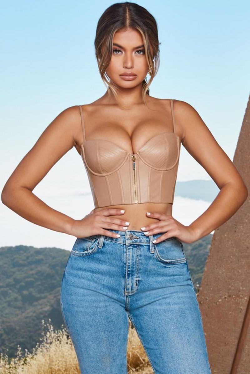 Stone Oh Polly Zip Into Shape Faux Leather Underwired Bustier Crop Top | NZUD-05986