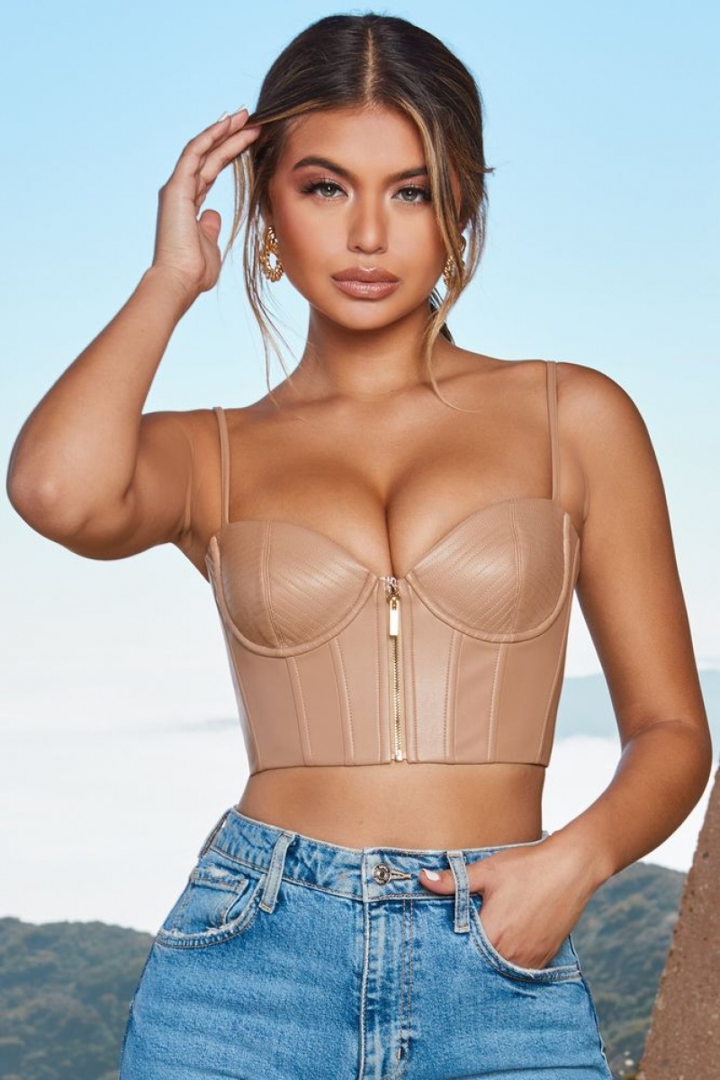 Stone Oh Polly Zip Into Shape Faux Leather Underwired Bustier Crop Top | NZUD-05986