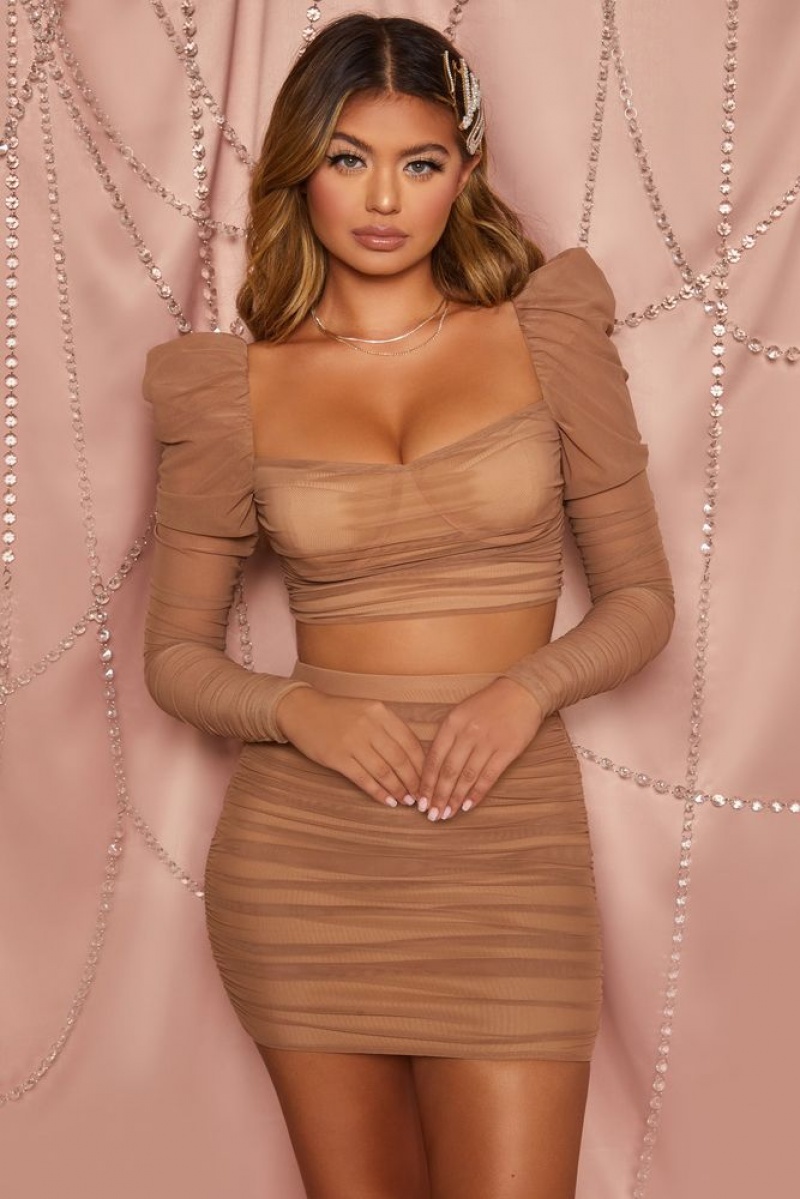 Tan Oh Polly Heaven Sent Ruched Mesh Puff Sleeve Crop Top | CYWJ-84975