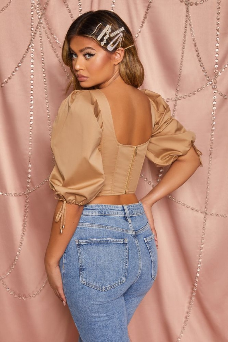 Tan Oh Polly Little Too Lace Puff Sleeve Corset Crop Top | WBTJ-58703