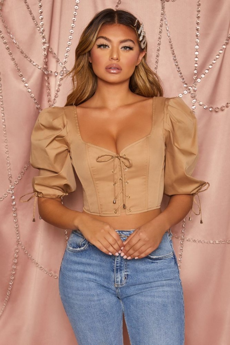 Tan Oh Polly Little Too Lace Puff Sleeve Corset Crop Top | WBTJ-58703